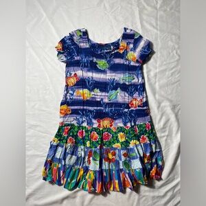Jams World Tiered Short Sleeve Floral Fish watercolor colorful Print dress M